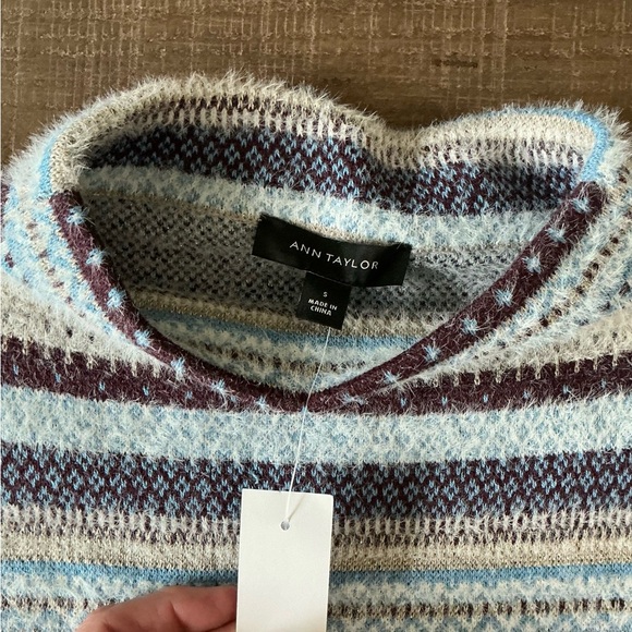 Ann Taylor Fare Isle Funnel Neck Sweater in Blues, Browns, and Gold Stripes - Picture 2 of 6